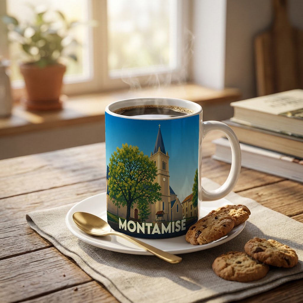 Mug souvenir de la ville de Montamisé avec une illustration stylisée de son église et de son paysage.