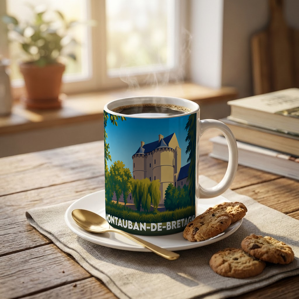 Mug souvenir de la ville de Montauban-de-Bretagne avec une illustration stylisée de son château.