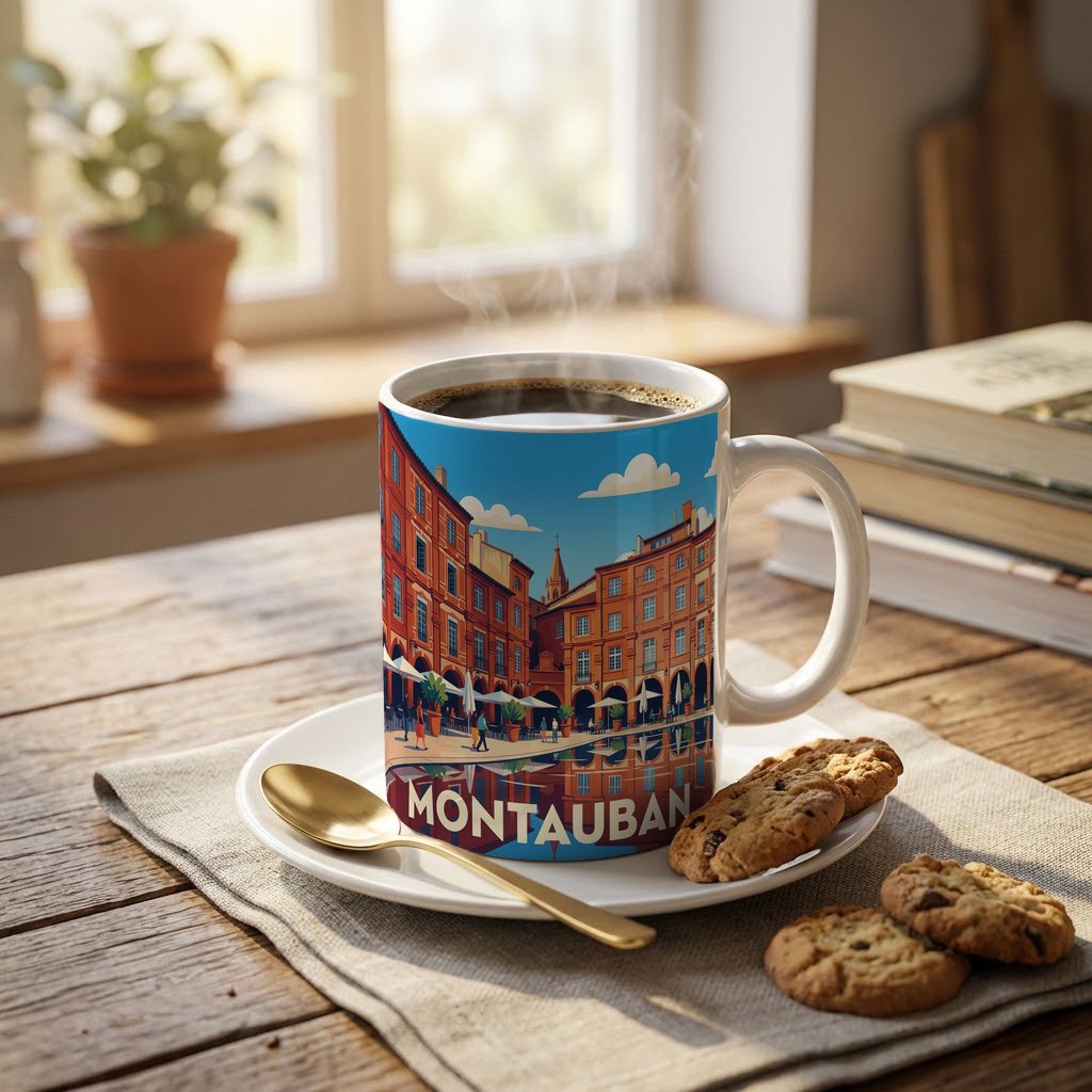 Mug souvenir de la ville de Montauban avec une illustration stylisée.