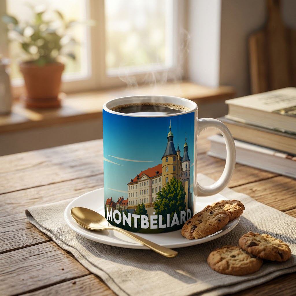 Mug souvenir de la ville de Montbéliard avec une illustration stylisée de son château.