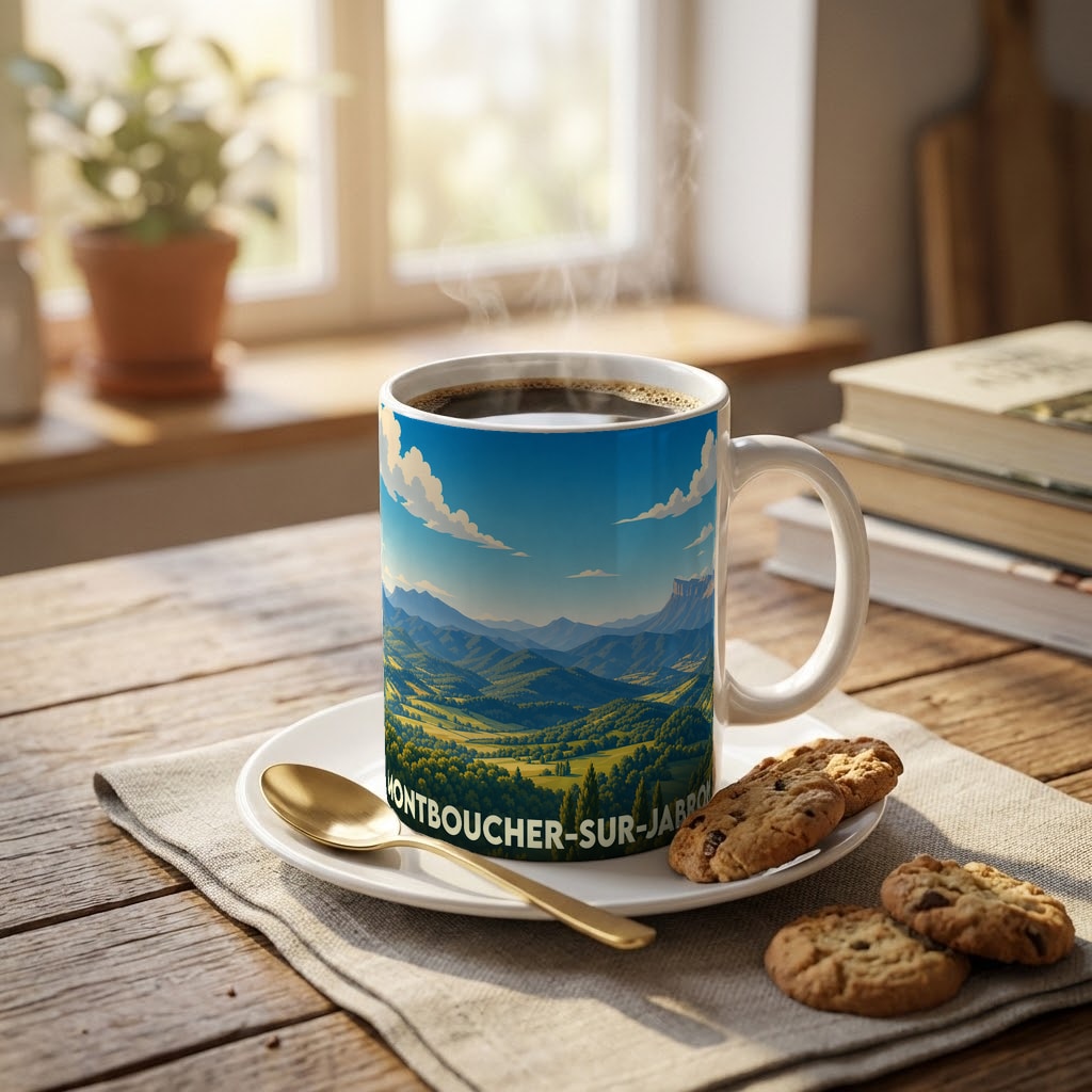 Mug souvenir de la ville de Montboucher-sur-Jabron illustré d'un paysage de montagnes verdoyantes.