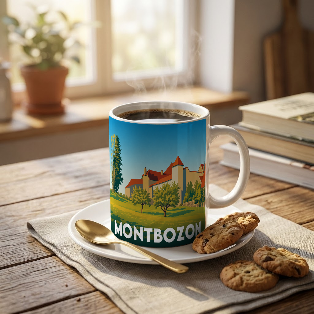 Mug souvenir de la ville de Montbozon orné d'une illustration stylisée de son paysage.