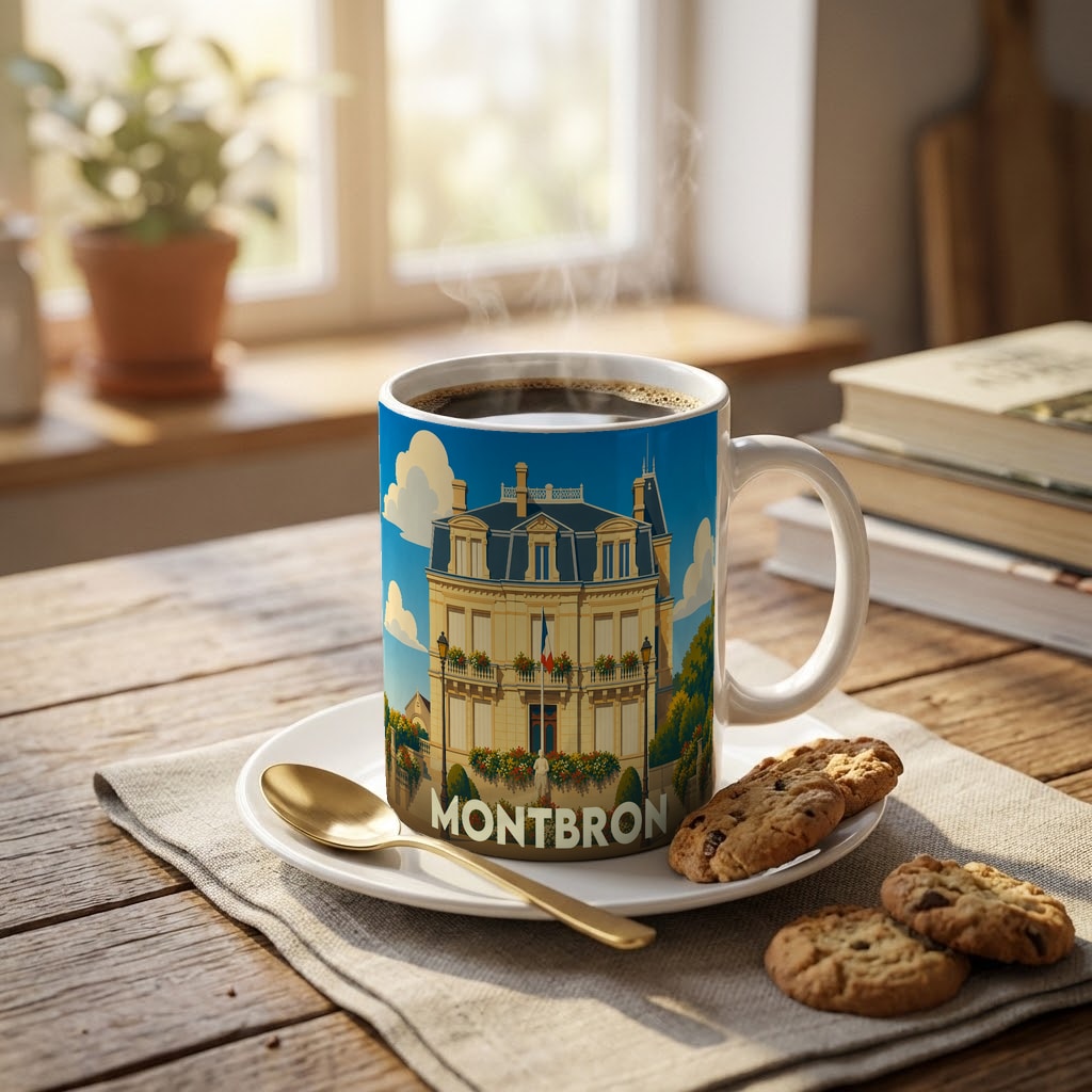 Mug souvenir de la ville de Montbron avec une illustration stylisée d'un bâtiment historique français.