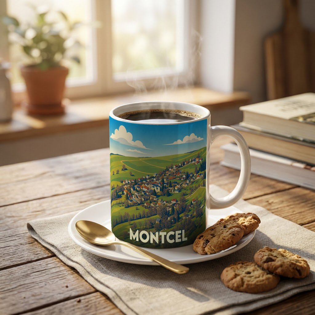 Mug souvenir de la ville de Montcel avec une illustration stylisée d'un paysage vallonné.