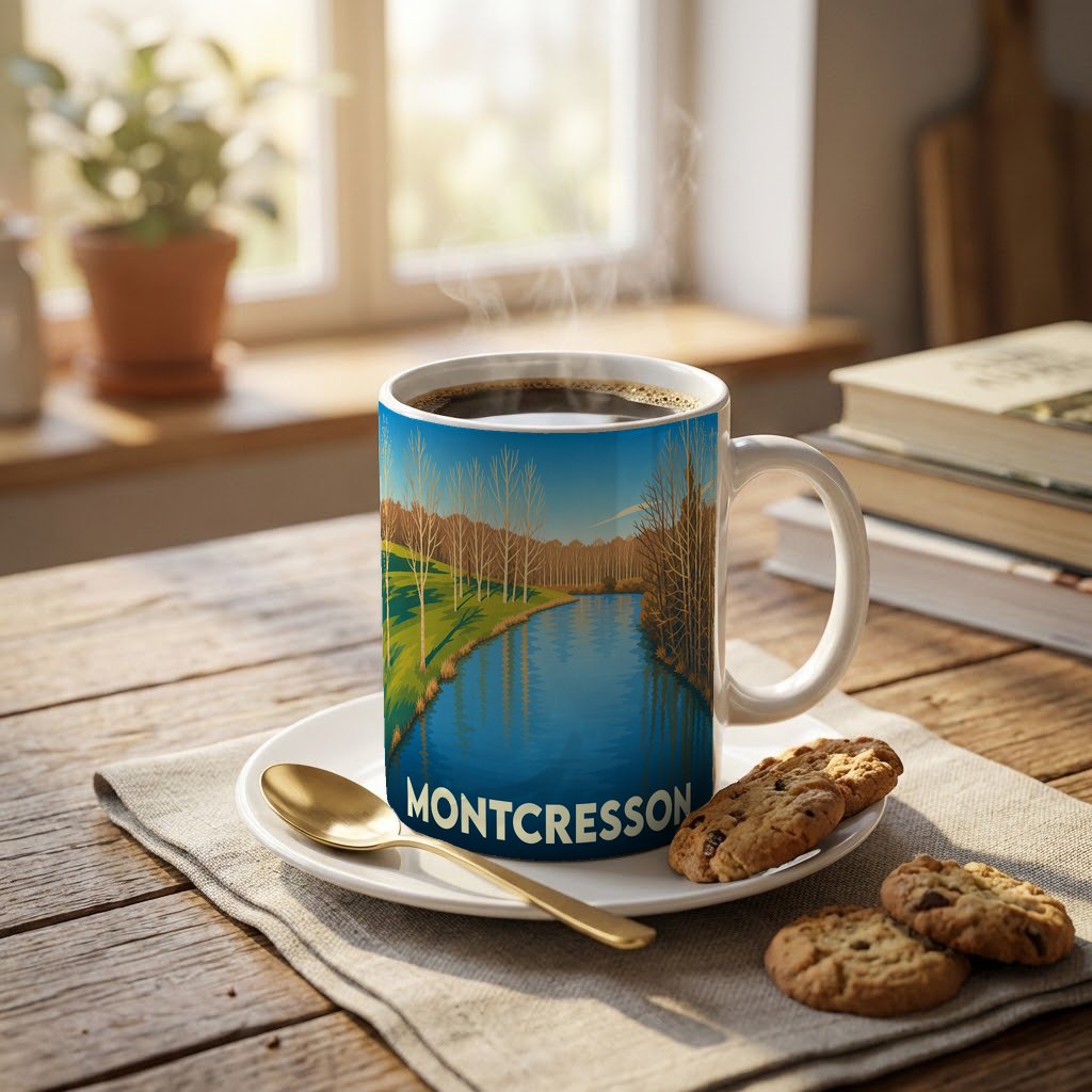 Mug souvenir de la ville de Montcresson illustré par un paysage de rivière stylisé.