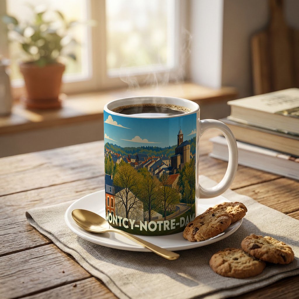 Mug souvenir de la ville de Montcy-Notre-Dame avec une illustration stylisée et colorée.