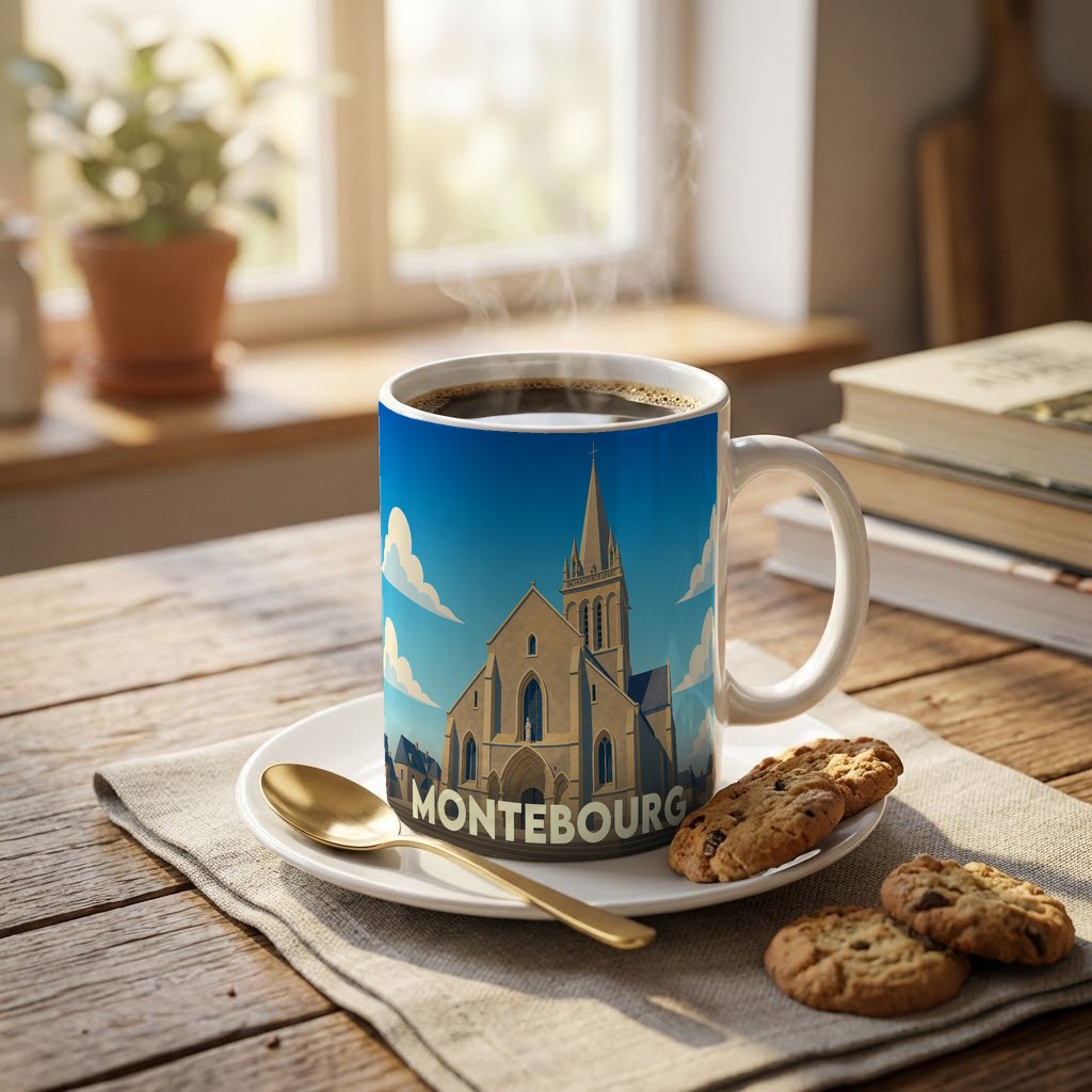 Mug souvenir de la ville de Montebourg avec une illustration stylisée de son église sous un ciel bleu.