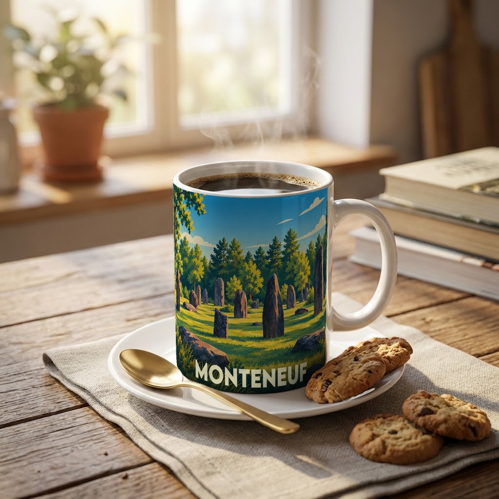 Mug souvenir de la ville de Monteneuf avec une illustration stylisée de ses célèbres menhirs.