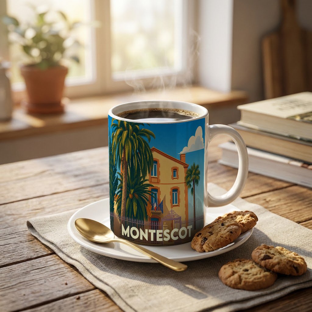 Mug souvenir de la ville de Montescot orné d'une illustration stylisée d'une bâtisse et de palmiers.