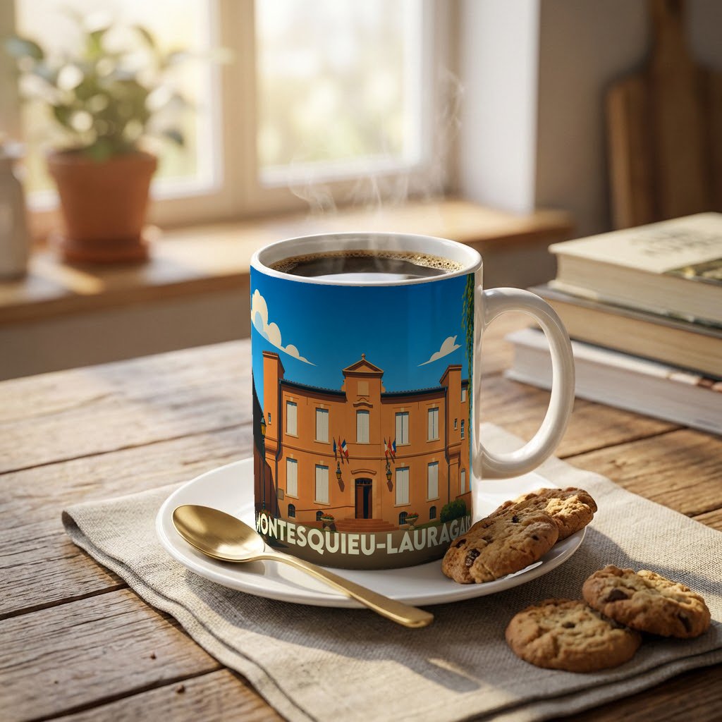 Mug souvenir de la ville de Montesquieu-Lauragais avec une illustration stylisée de sa mairie.