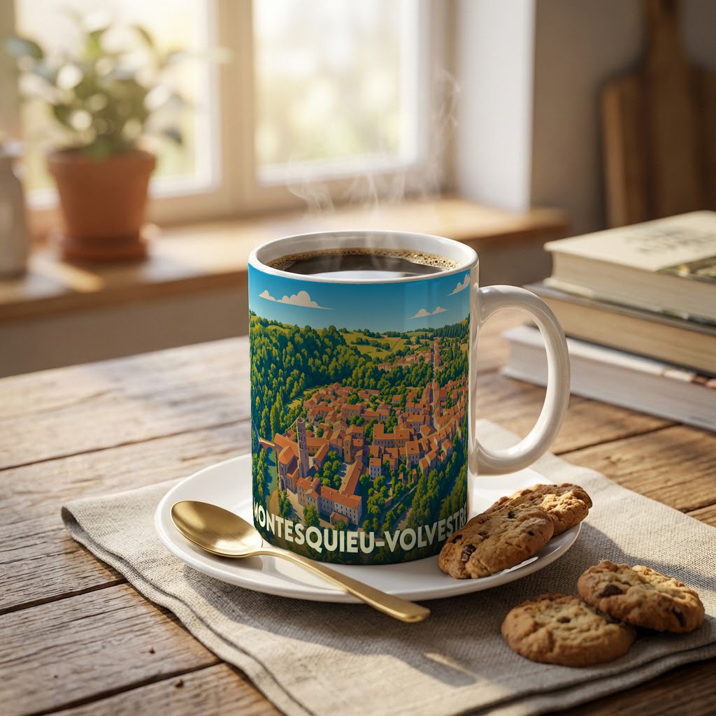 Mug souvenir de la ville de Montesquieu-Volvestre avec une illustration panoramique stylisée.