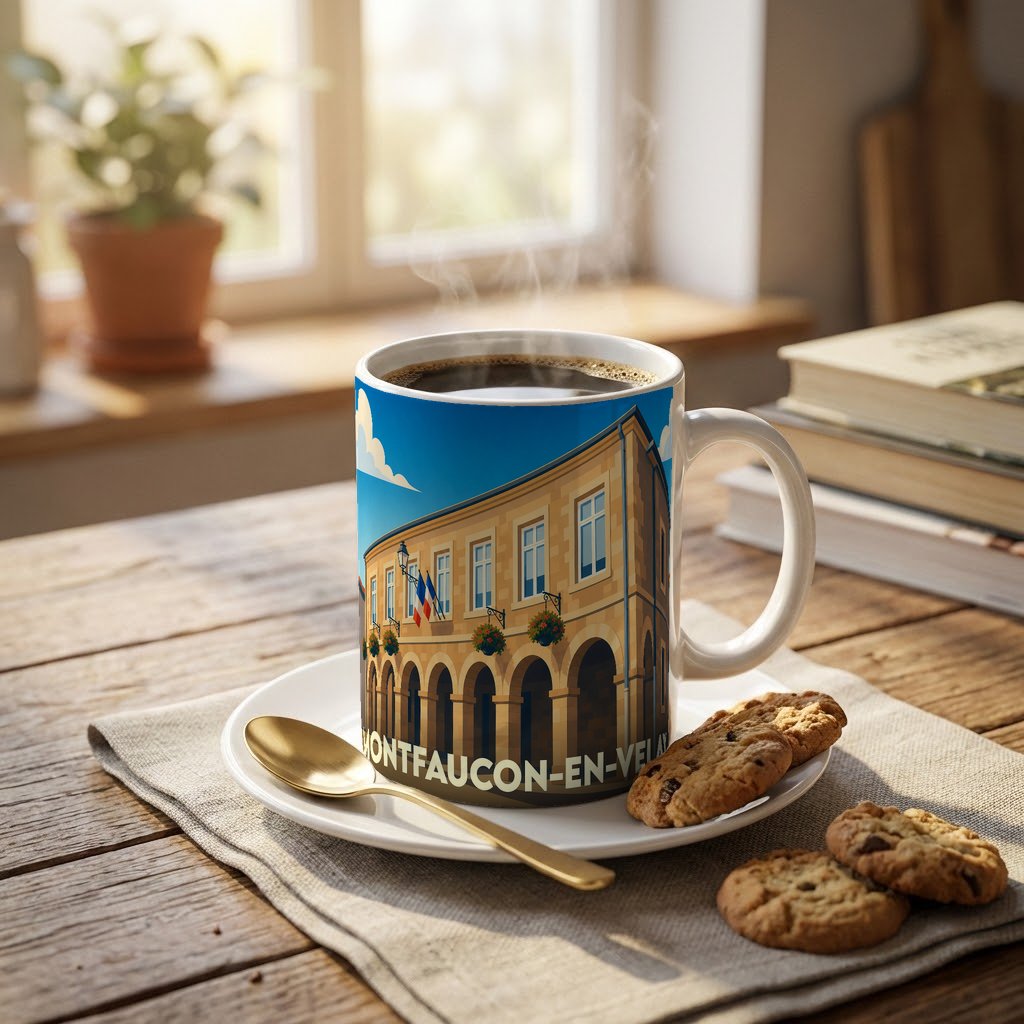 Mug souvenir de la ville de Montfaucon-en-Velay avec une illustration stylisée de son architecture.