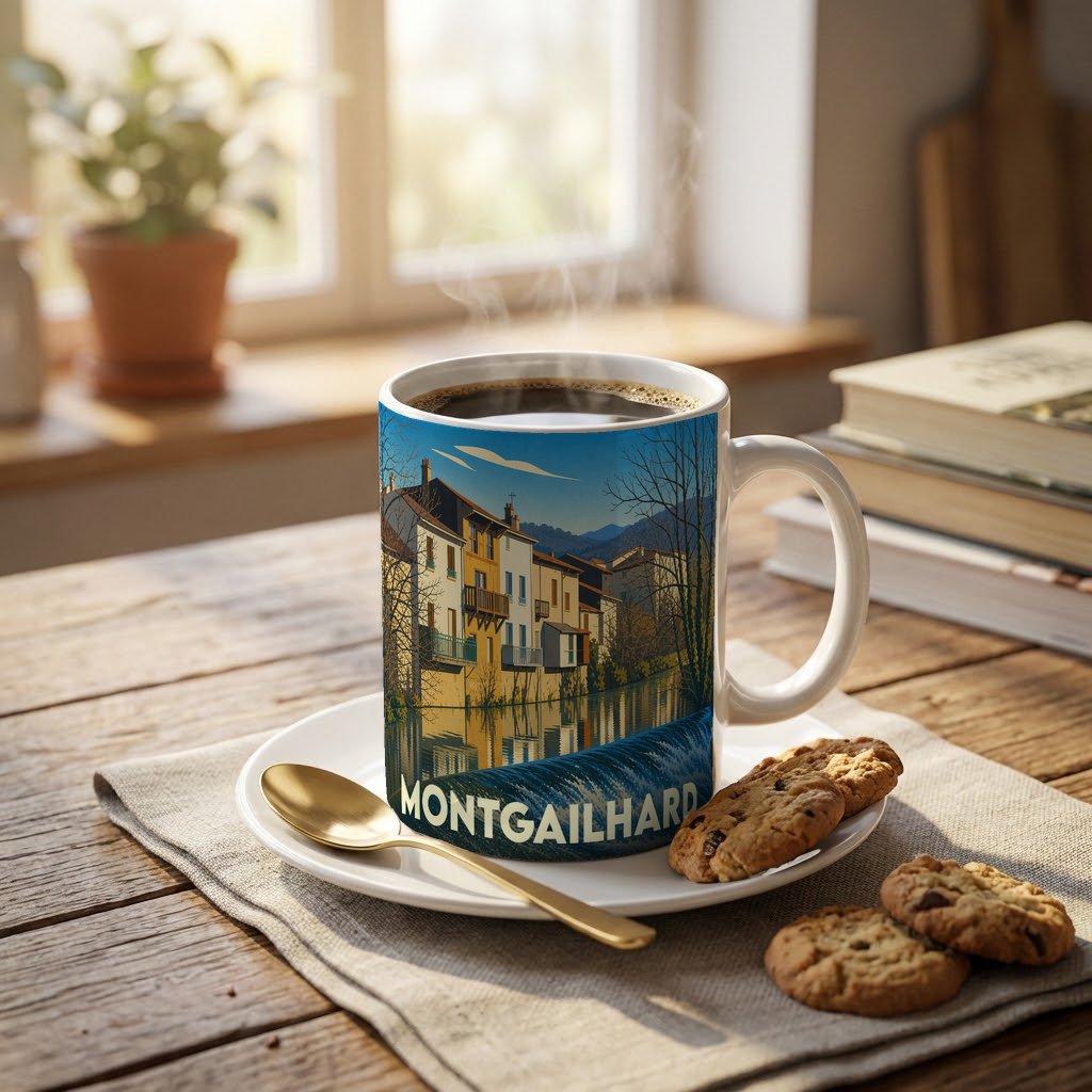 Mug souvenir de la ville de Montgailhard avec une illustration stylisée de maisons au bord de l'eau.