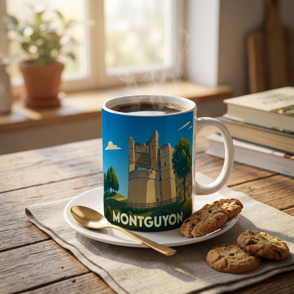 Mug souvenir de la ville de Montguyon avec une illustration stylisée de son château.