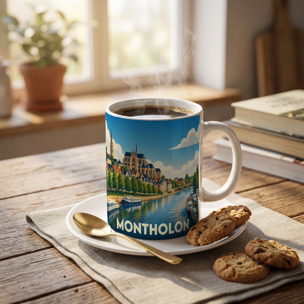 Mug souvenir de la ville de Montholon orné d'une illustration stylisée de son paysage urbain en bord de rivière.
