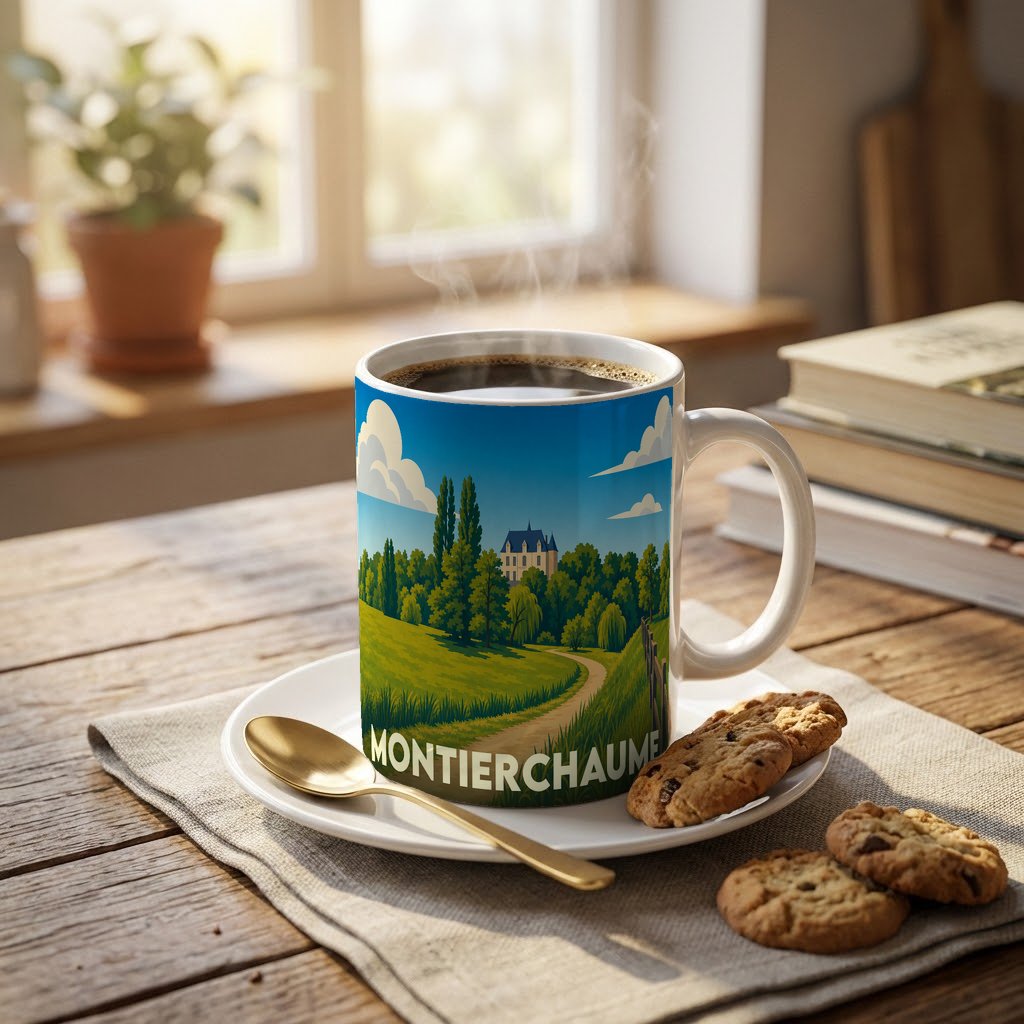 Mug souvenir de la ville de Montierchaume illustré d'un paysage champêtre stylisé.
