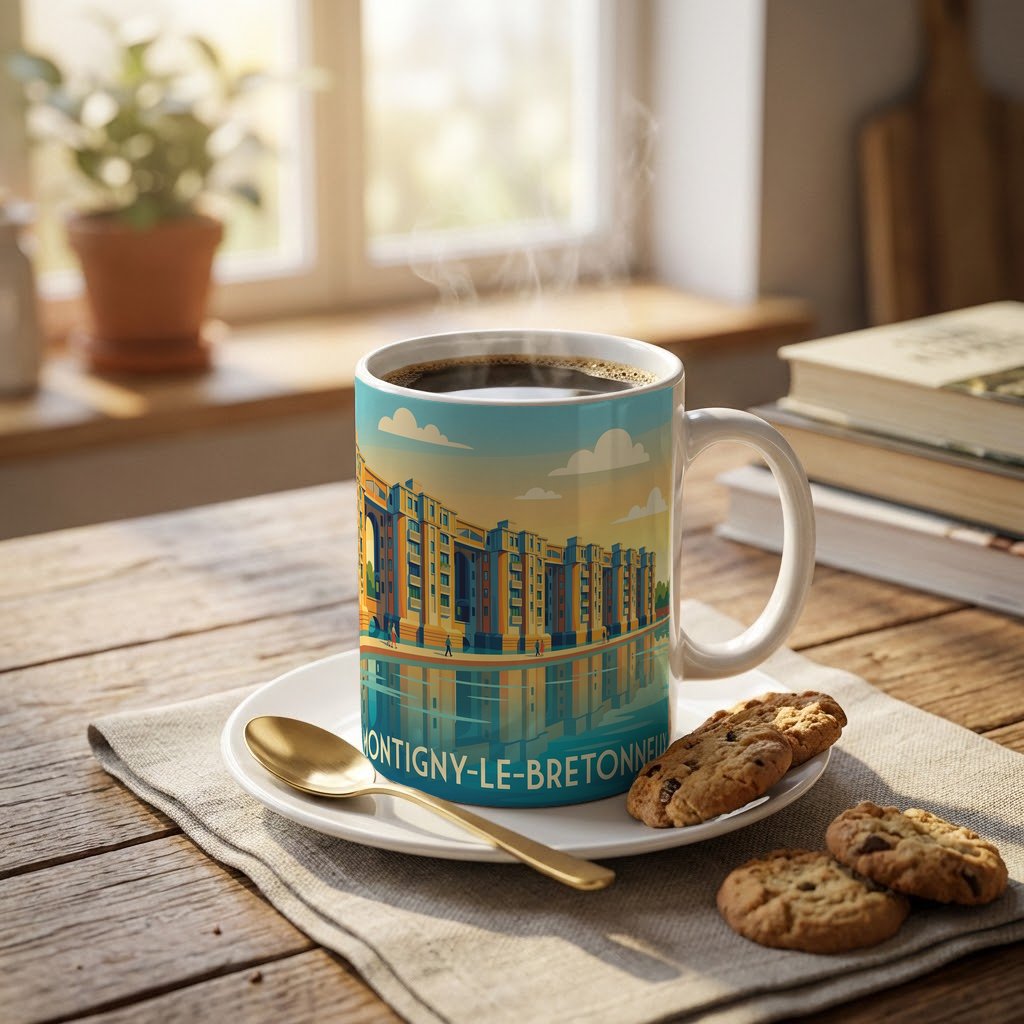 Mug souvenir de la ville de Montigny-le-Bretonneux avec une illustration stylisée.