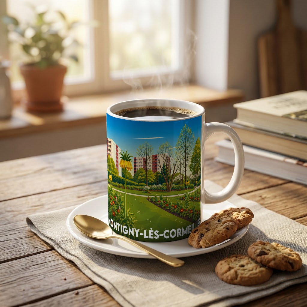 Mug souvenir de la ville de Montigny-lès-Cormeilles avec une illustration stylisée d'un paysage urbain verdoyant.