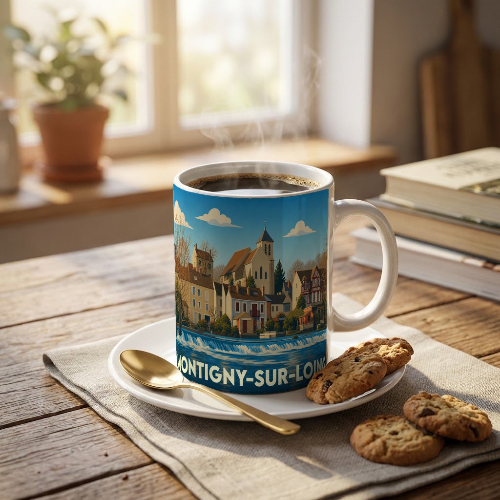 Mug souvenir de la ville de Montigny-sur-Loing avec une illustration stylisée.