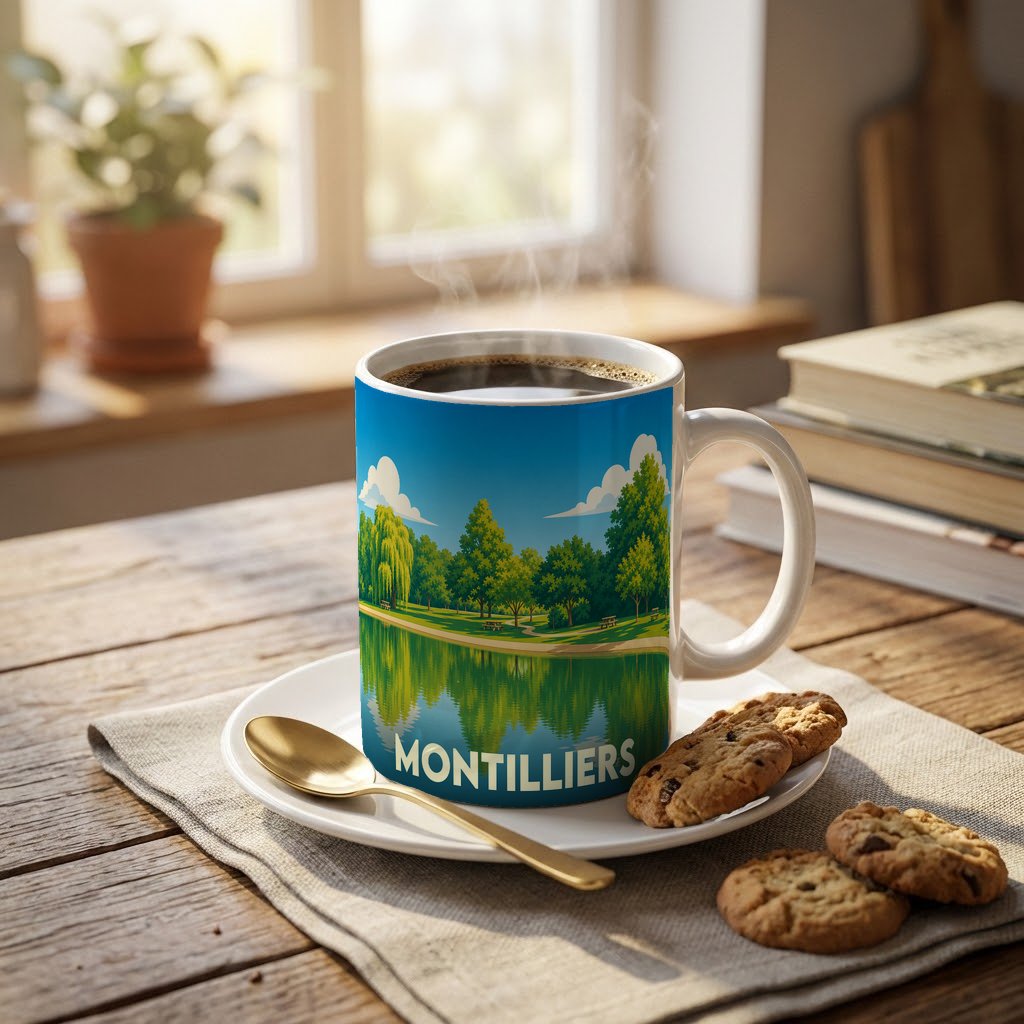 Mug souvenir de la ville de Montilliers avec une illustration de parc bordant un plan d'eau.