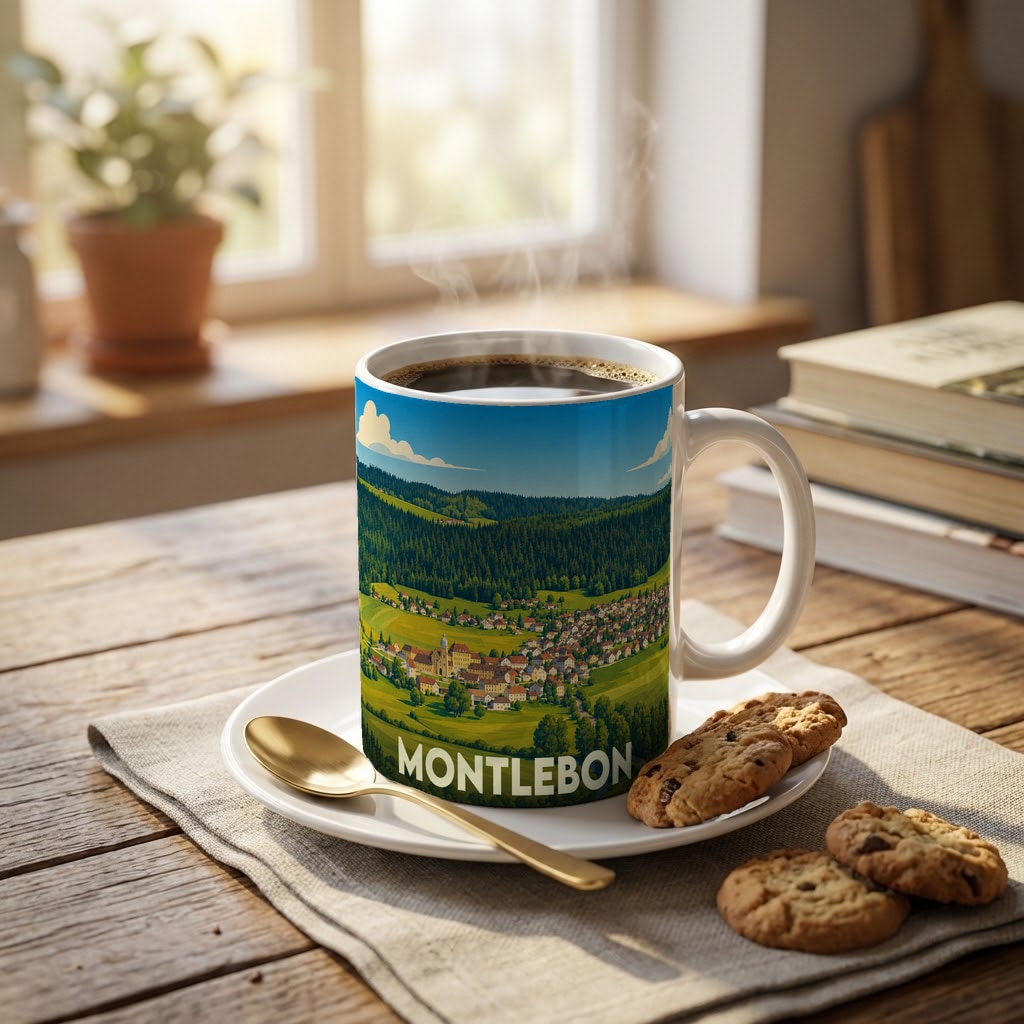 Mug souvenir de la ville de Montlebon illustré d'un paysage verdoyant stylisé.