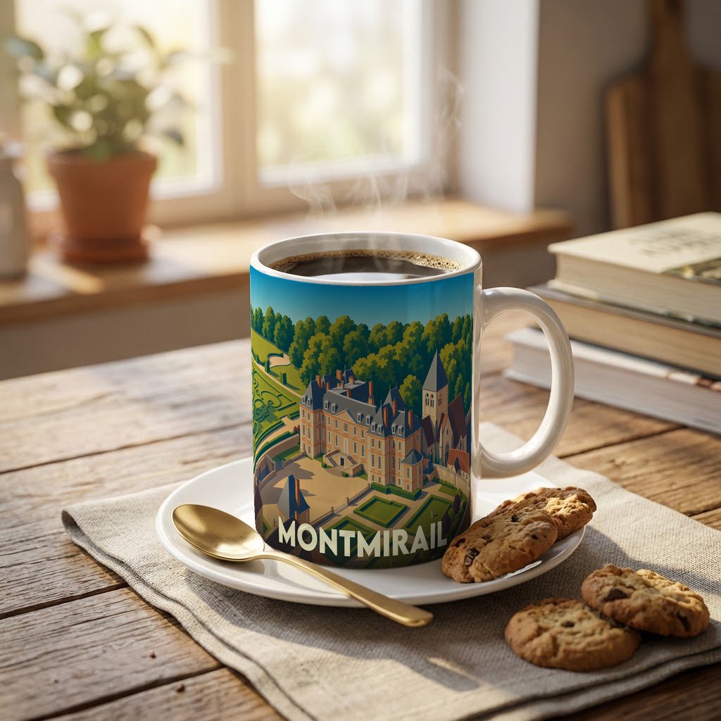 Mug souvenir de la ville de Montmirail orné d'une illustration stylisée de son château.