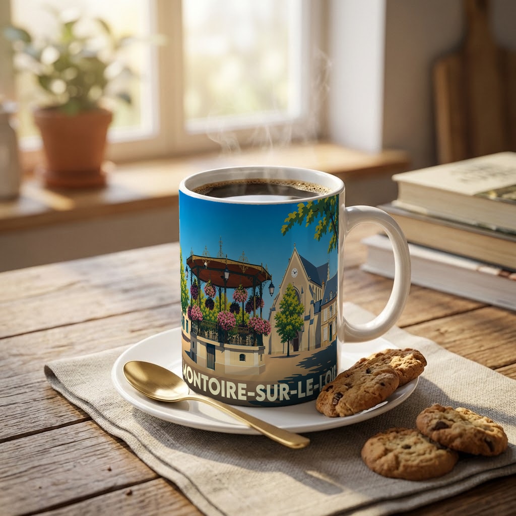 Mug souvenir de la ville de Montoire-sur-le-Loir avec une illustration stylisée de son kiosque et de son église.