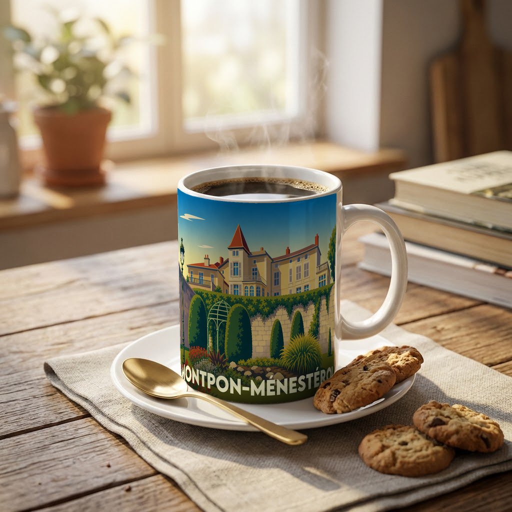 Mug souvenir de la ville de Montpon-Ménestérol orné d'une illustration stylisée de ses paysages.