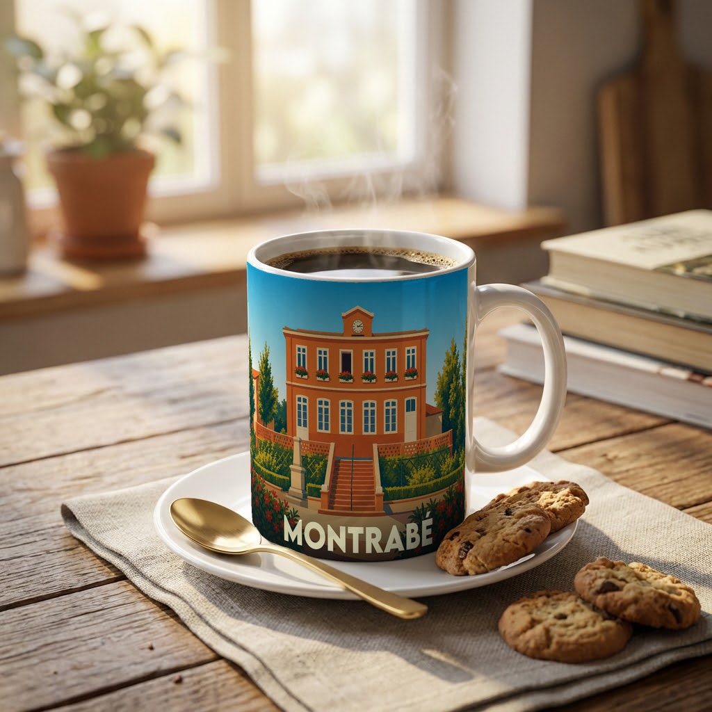 Mug souvenir de la ville de Montrabé avec une illustration stylisée de sa mairie.