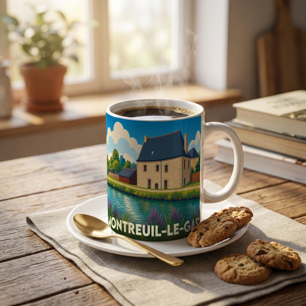 Mug souvenir de la ville de Montreuil-le-Gast avec une illustration stylisée d'une maison au bord de l'eau.