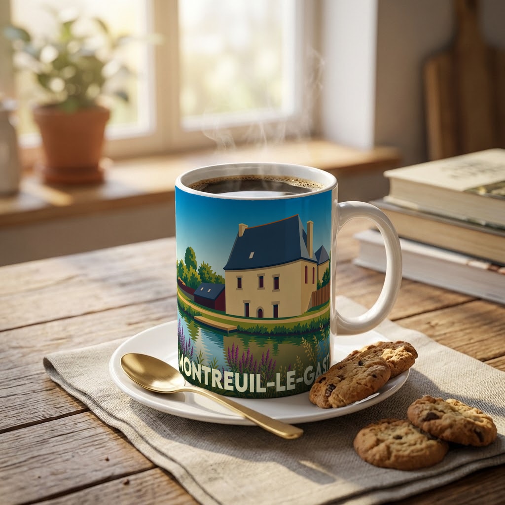 Mug souvenir de la ville de Montreuil-le-Gast avec une illustration stylisée d'une maison au bord de l'eau.