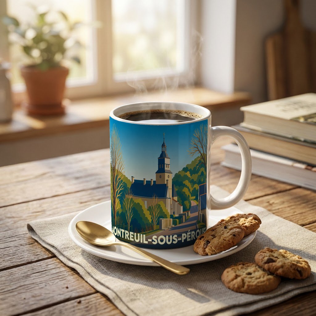 Mug souvenir de la ville de Montreuil-sous-Pérouse avec une illustration stylisée d'un paysage urbain.
