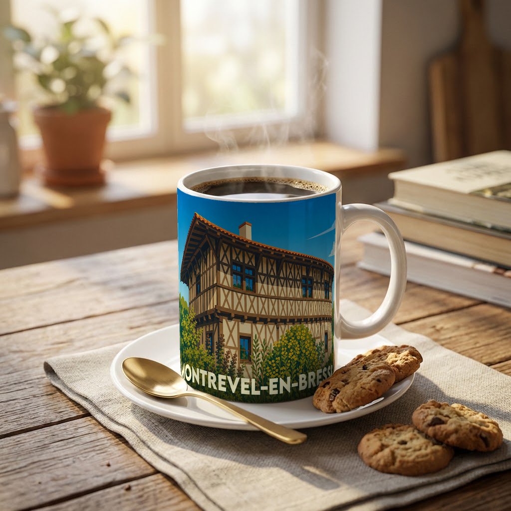 Mug souvenir de la ville de Montrevel-en-Bresse avec une illustration stylisée d'une maison traditionnelle à colombages.