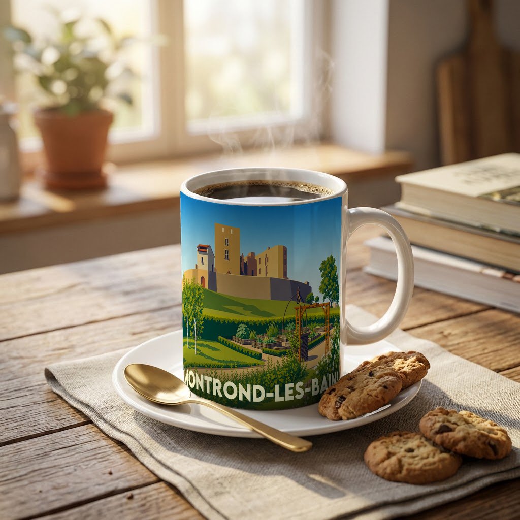 Mug souvenir de la ville de Montrond-les-Bains avec une illustration stylisée du château médiéval.