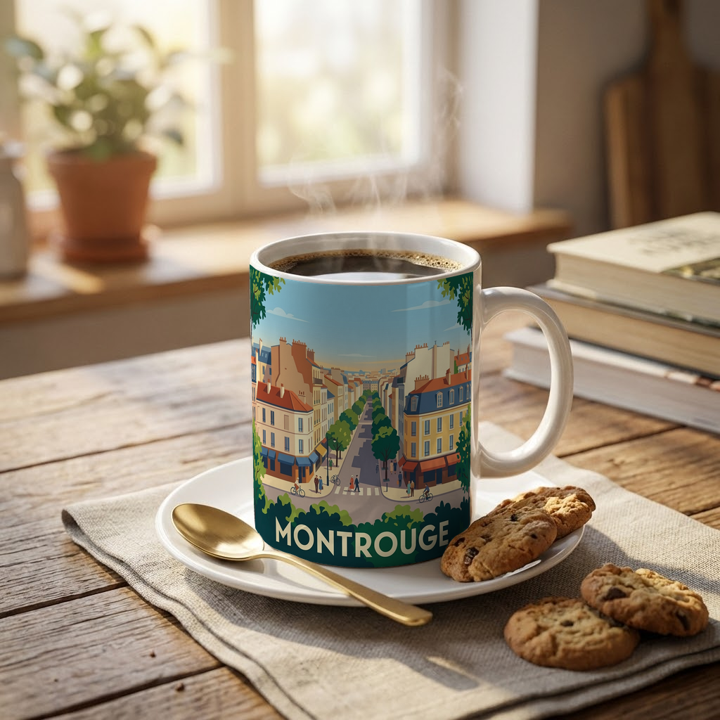 Mug souvenir de la ville de Montrouge avec une illustration stylisée.
