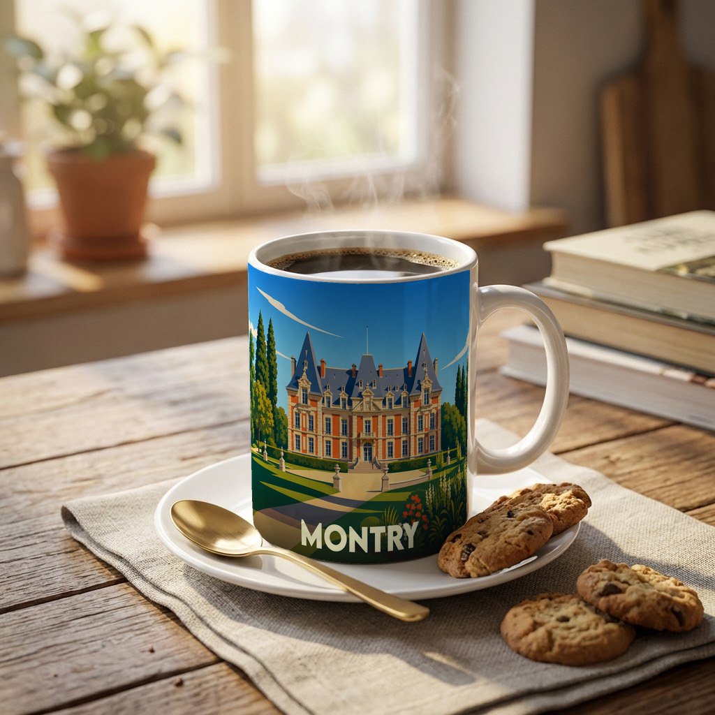 Mug souvenir de la ville de Montry avec une illustration stylisée d'un château.