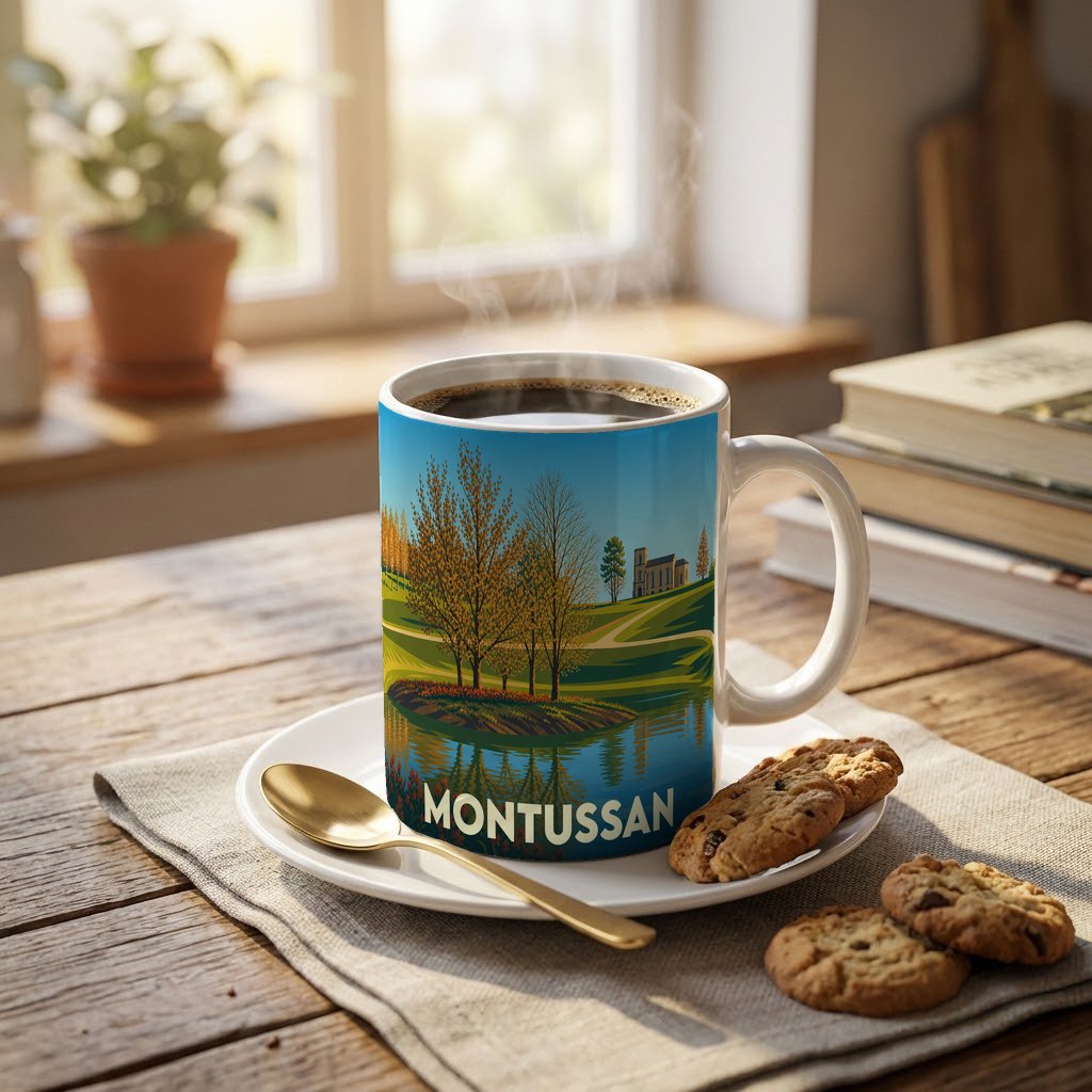 Mug souvenir de la ville de Montussan avec une illustration stylisée de son paysage.