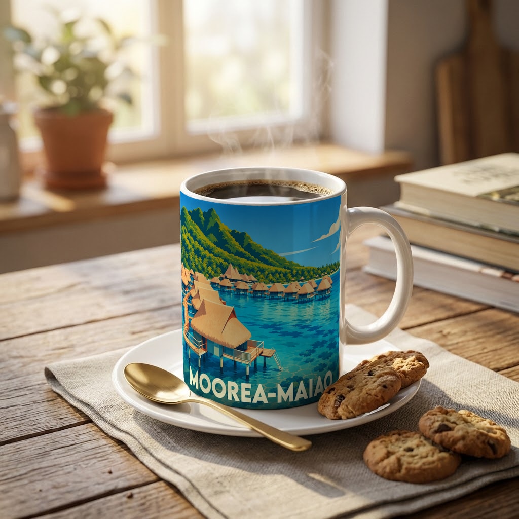 Mug souvenir de Moorea-Maiao avec une illustration stylisée de bungalows sur pilotis et de montagnes tropicales.