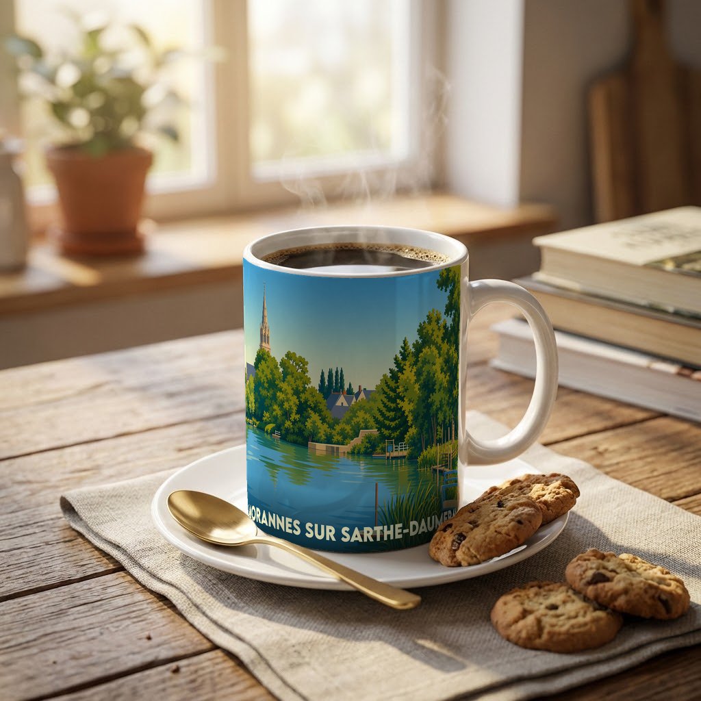 Mug souvenir de la ville de Morannes sur Sarthe-Daumeray avec une illustration stylisée des bords de la Sarthe.