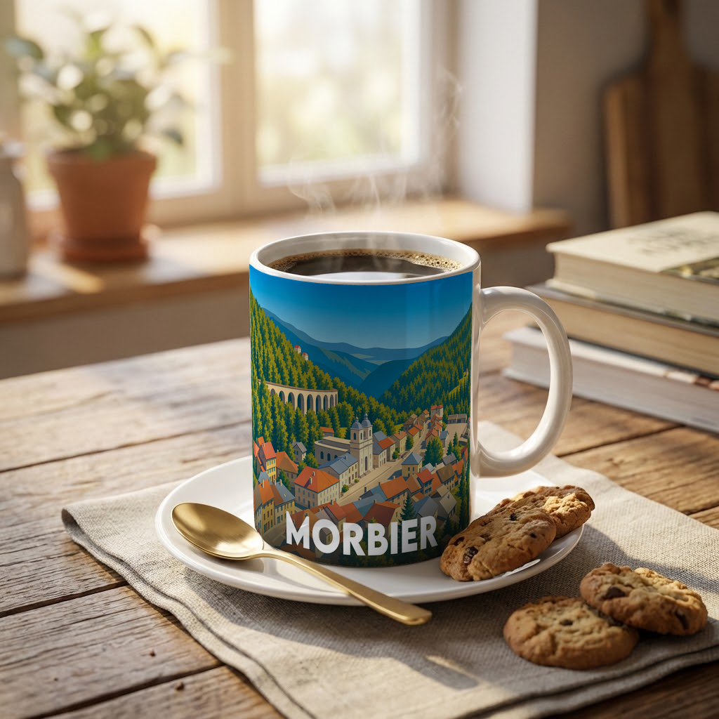Mug souvenir de la ville de Morbier avec une illustration stylisée de son paysage montagneux et de son viaduc.