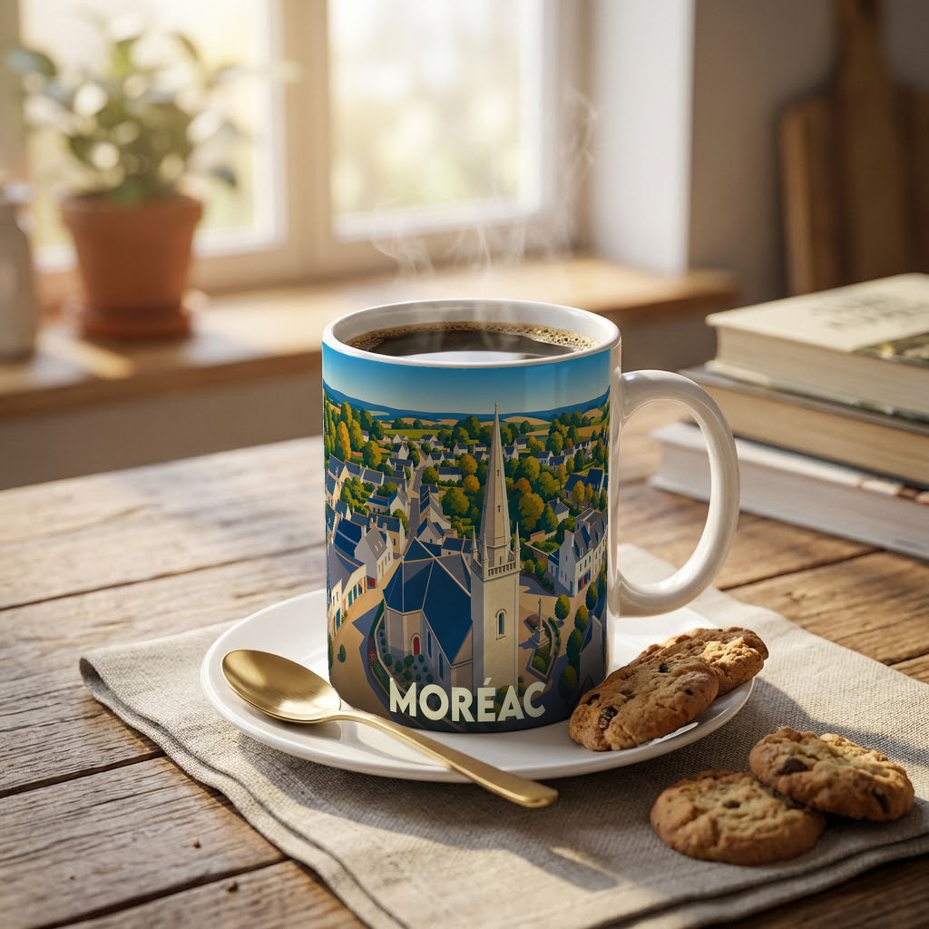 Mug souvenir de la ville de Moréac avec une illustration stylisée de son église et de son paysage.