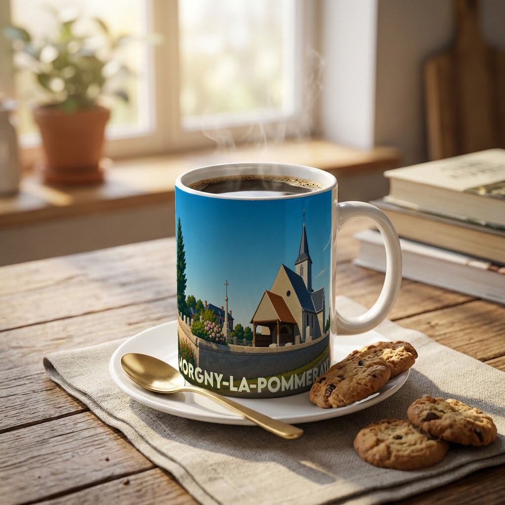 Mug souvenir de la ville de Morgny-la-Pommeraye avec une illustration stylisée de son église.