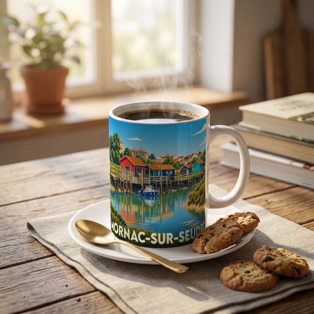 Mug souvenir de la ville de Mornac-sur-Seudre avec une illustration colorée de ses cabanes ostréicoles.