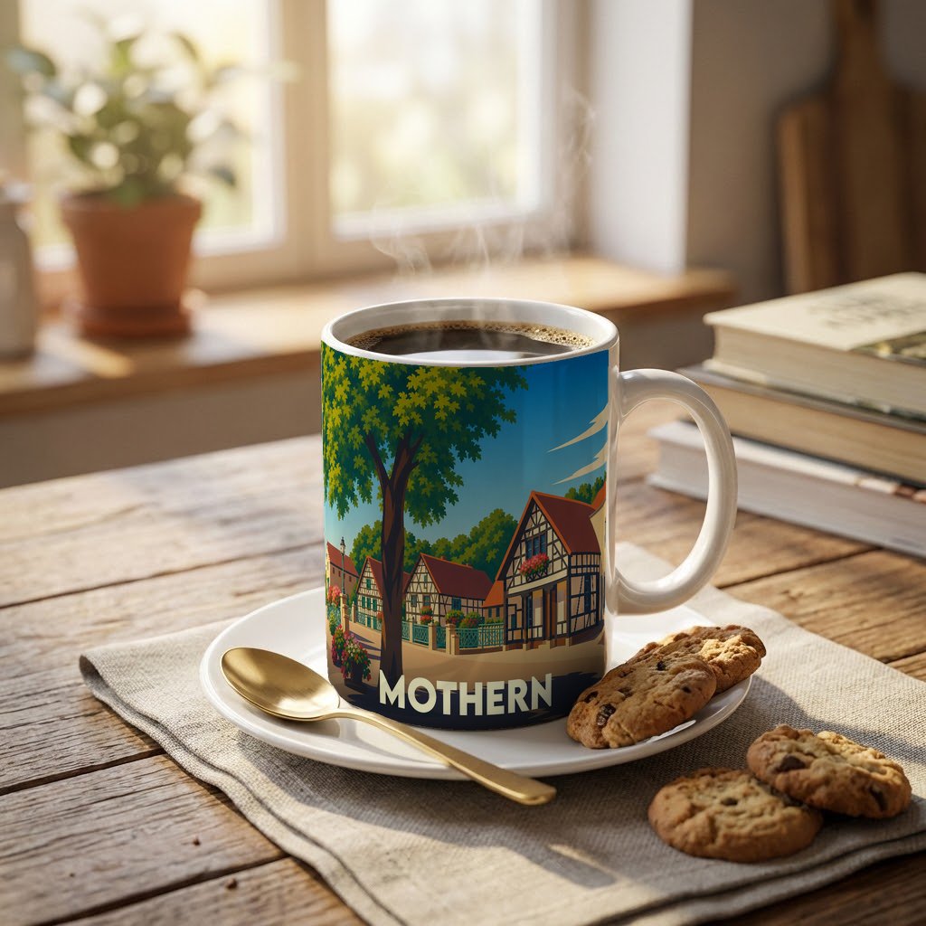 Mug souvenir de la ville de Mothern orné d'une illustration stylisée de maisons à colombages.