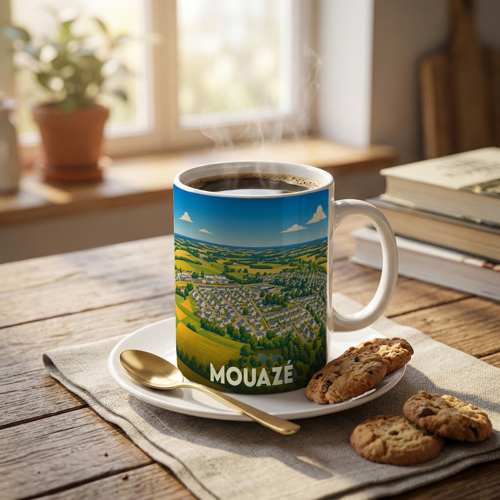 Mug souvenir de la ville de Mouazé orné d'une illustration panoramique et stylisée de la commune.