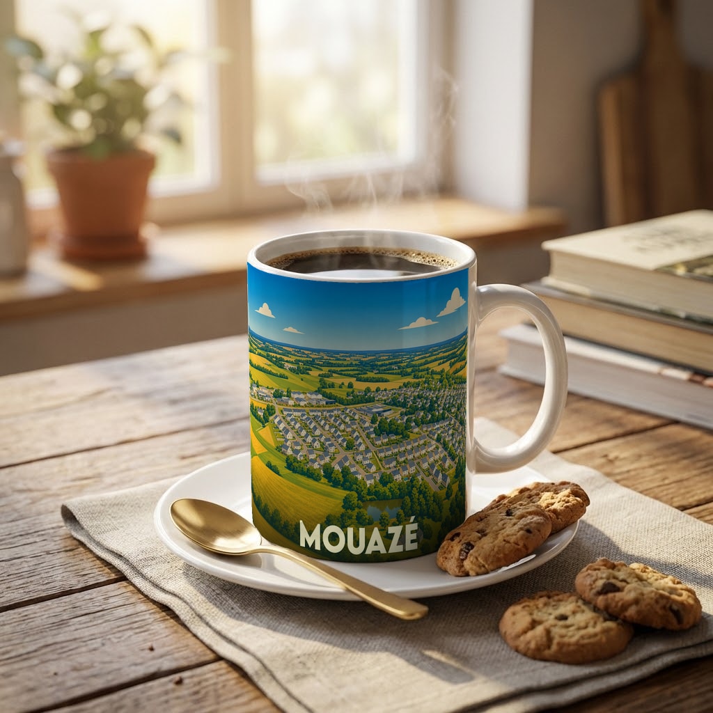 Mug souvenir de la ville de Mouazé orné d'une illustration panoramique et stylisée de la commune.