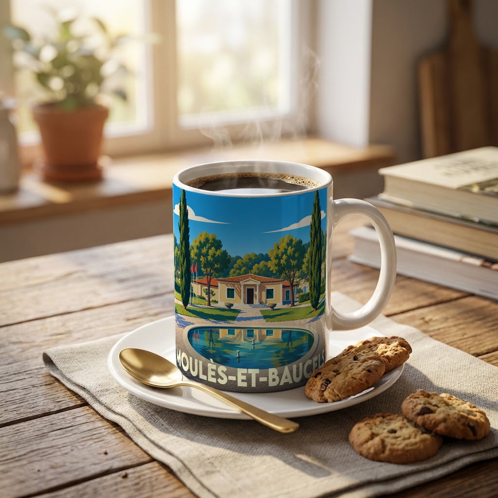 Mug souvenir de la ville de Moulès-et-Baucels avec une illustration stylisée d'une villa et son bassin.