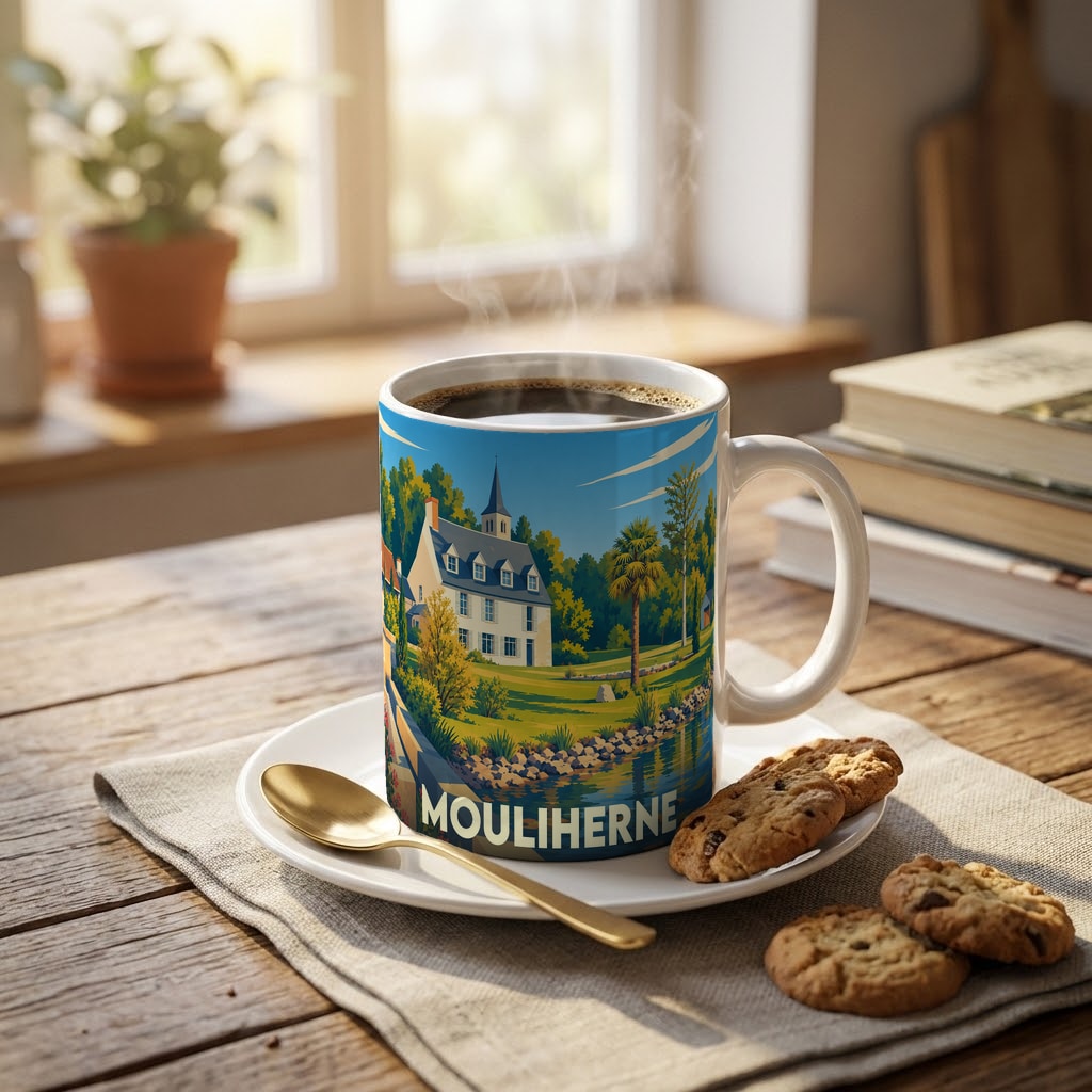 Mug souvenir de la ville de Mouliherne orné d'une illustration stylisée représentant un paysage champêtre avec son église.