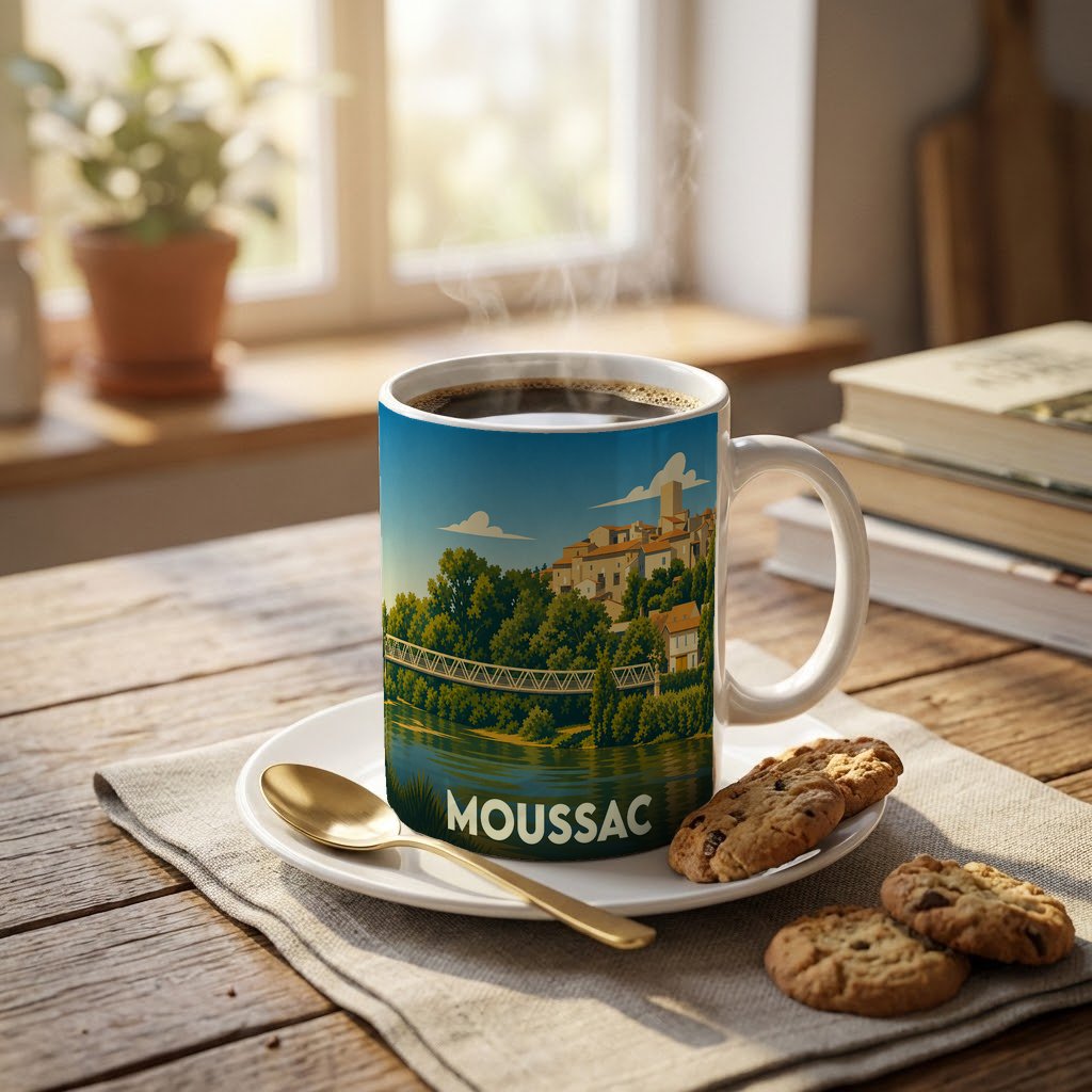 Mug souvenir de la ville de Moussac orné d'une illustration stylisée représentant ses maisons et son pont sur la rivière.