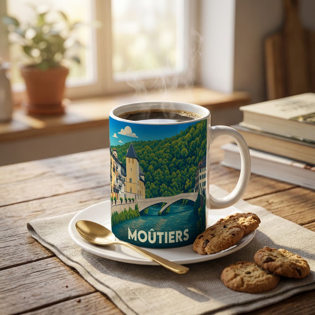 Mug souvenir de la ville de Moûtiers orné d'une illustration stylisée représentant un pont et des bâtiments historiques.